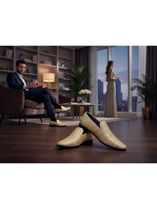 Metrocharm Men\'s Gold Rubber Sole Sparkly Glitter Sequin Loafers Slip On Shoes main image 4